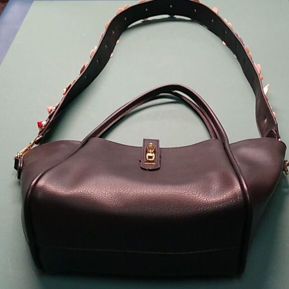 Black Faux Leather Two Crossbody Straps Certified Vegan Bag with Floral Strap - Picture 3 of 10